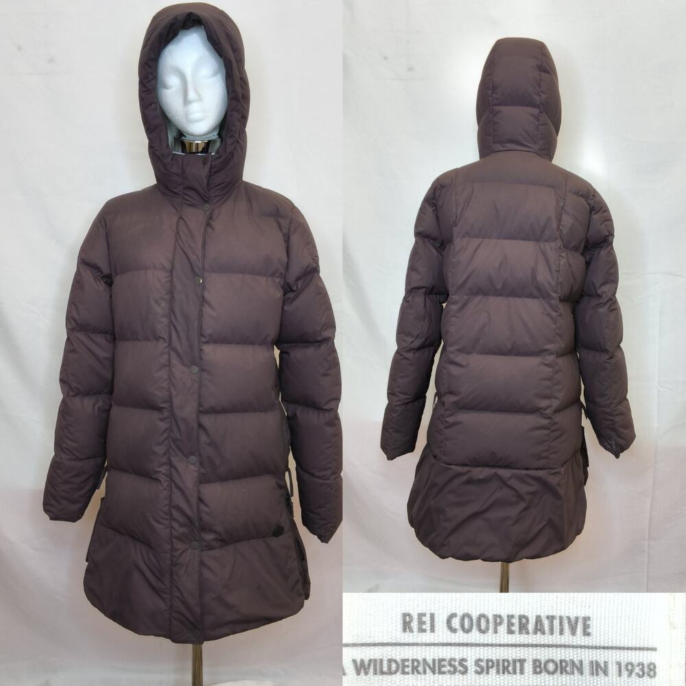 REI Down Jacket Women's M Purple Puffer Hooded Long Coat Parka #W4879